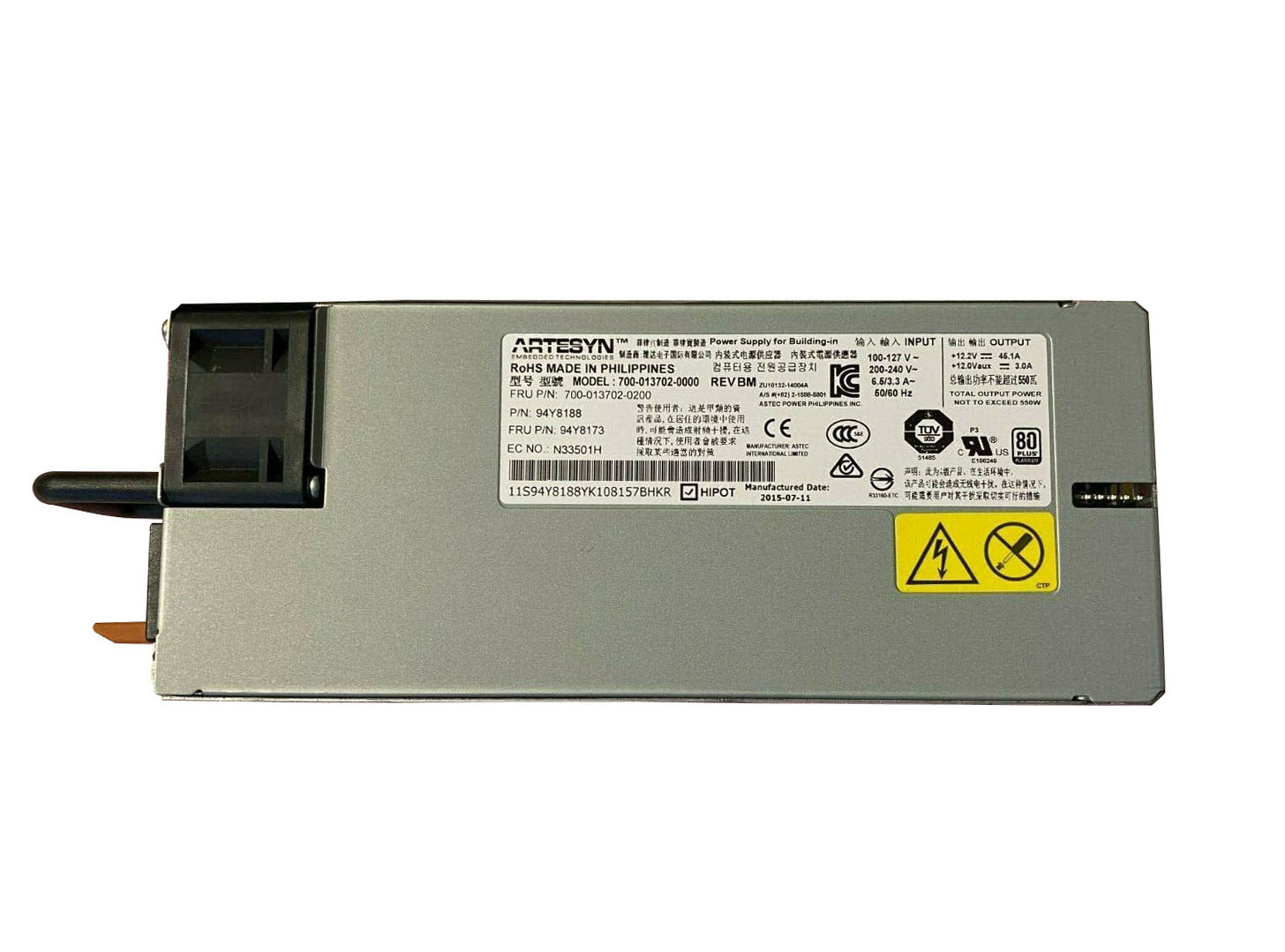 IBM 94Y8173 550-Watts 200-240V AC 6.5-3.3A 50-60Hz High Efficiency Platinum AC Power Supply for System x3650 M5