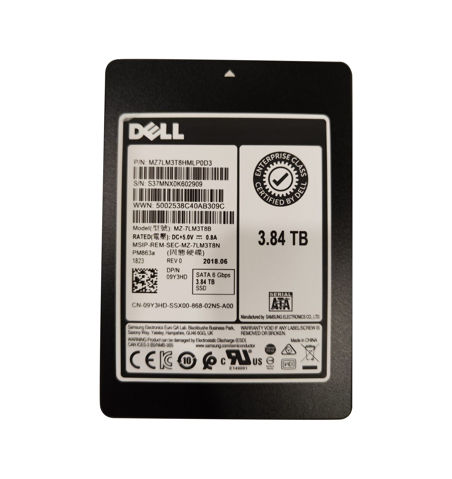 Dell 09Y3HD 3.84TB Multi-Level Cell SATA 6Gb/s Hot-Pluggable Read Intensive (512e) 2.5-Inch Solid State Drive with 3.5-Inch Hybrid Carrier for PowerEdge & PowerVault Servers