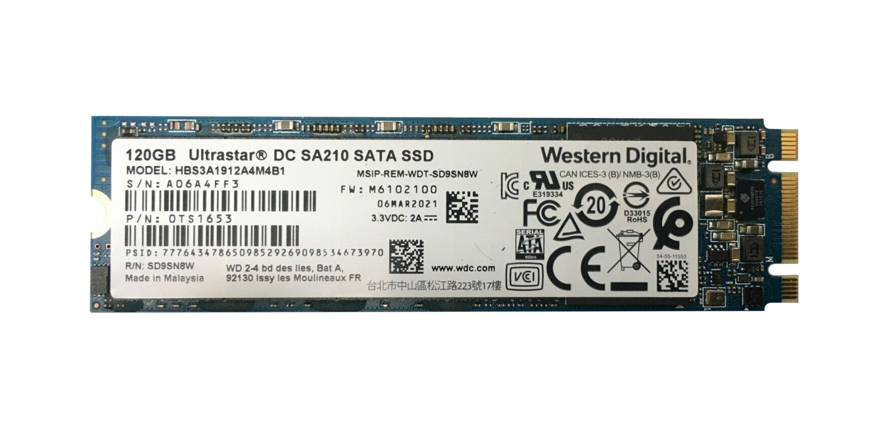 HGST HBS3A1912A4M4B1 Ultrastar DC SA210 Series 120GB 3D Triple-Level Cell SATA 6Gb/s (TCG Opal 2.01) M.2 2280 Solid State Drive