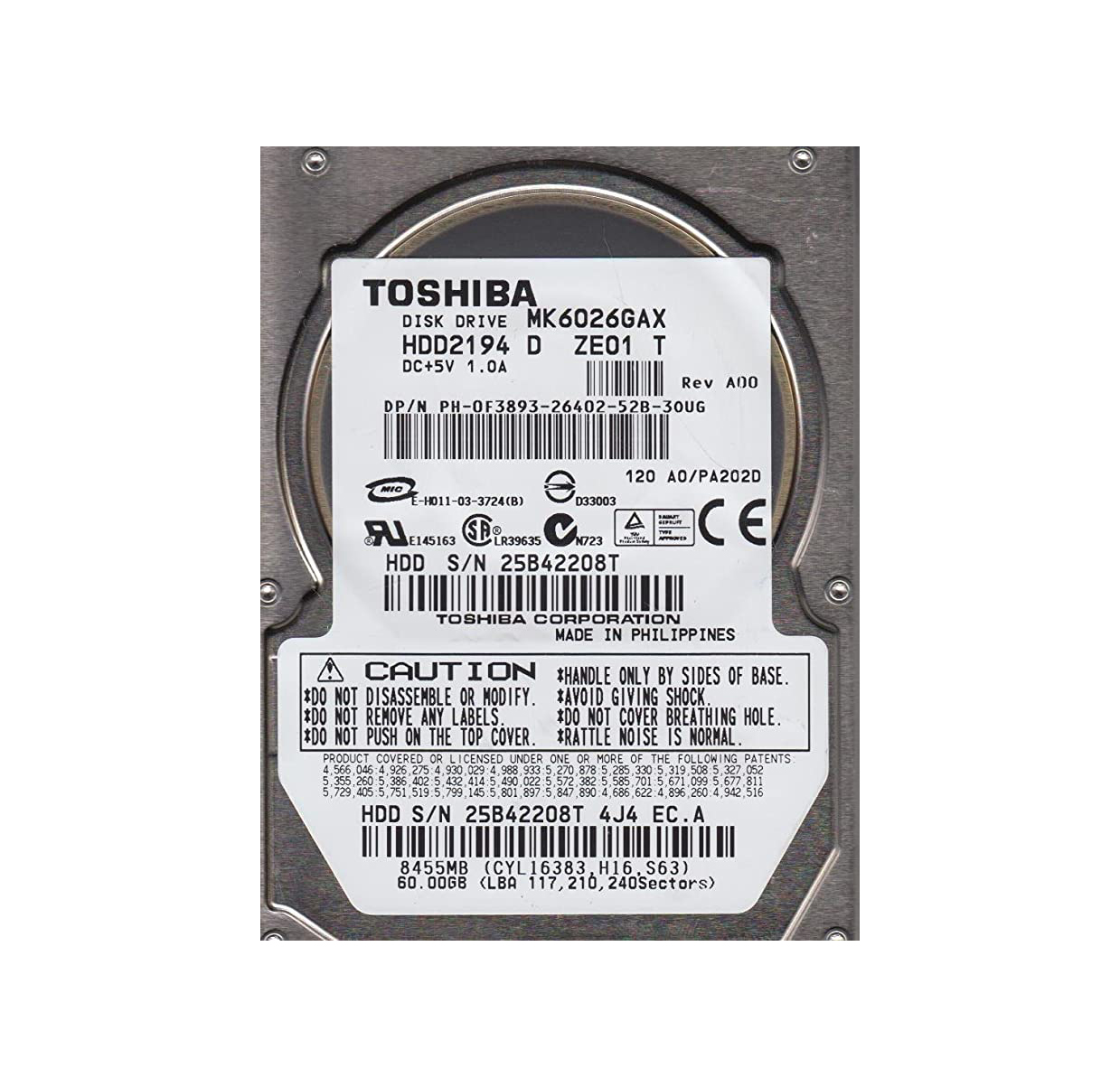 HDD2194 - Toshiba 60GB 5400RPM IDE Ultra ATA/100 (ATA-6