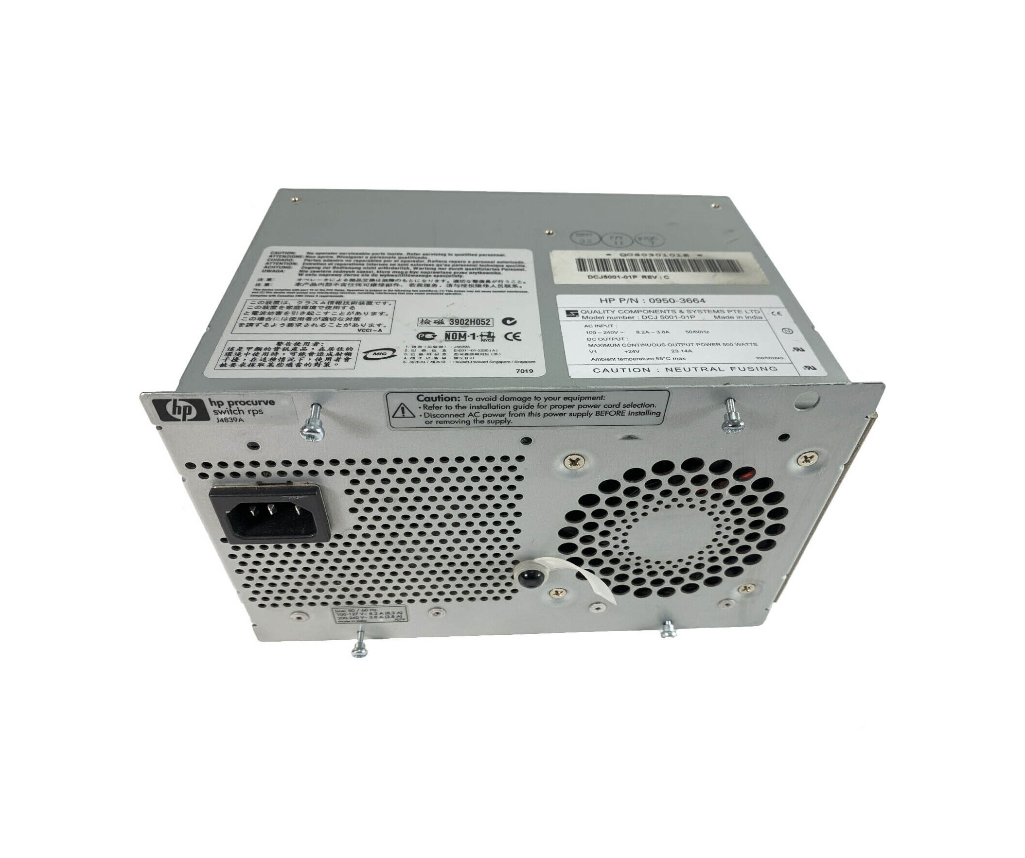 J4839-61001 - HP 500-Watts 100-240VAC 3.8 - 8.2 A Redundant Power Supply For Procurve GL/XL/VL Switch